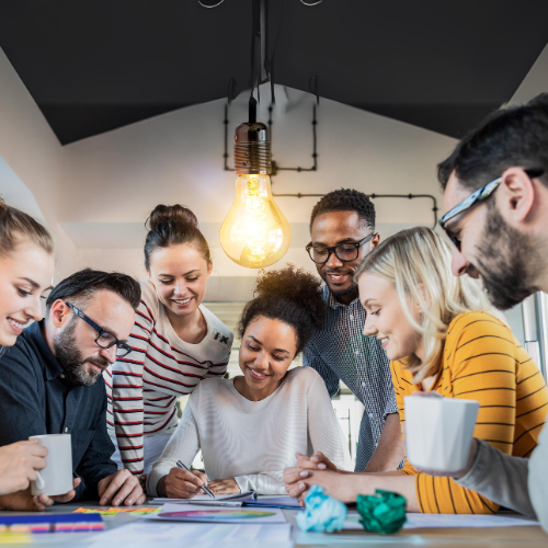 A diverse group of people symbolizing creativity and teamwork, focused on sustainability and innovation